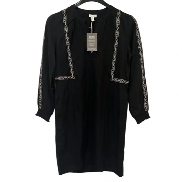 NWT Garnet Hill Lyocell Fabric Embroidered Boho Shirt Dress Size 4 Black - Picture 2 of 16